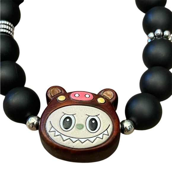 Black Obsidian with Labubu Charm Beaded Bracelet - Picture 2 of 6